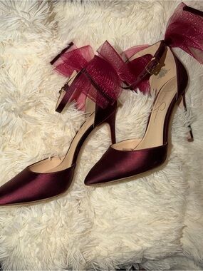 Jessica Simpson Wine Satin Pointed Toe Ankle Strap Heels with Bow Women 8.5